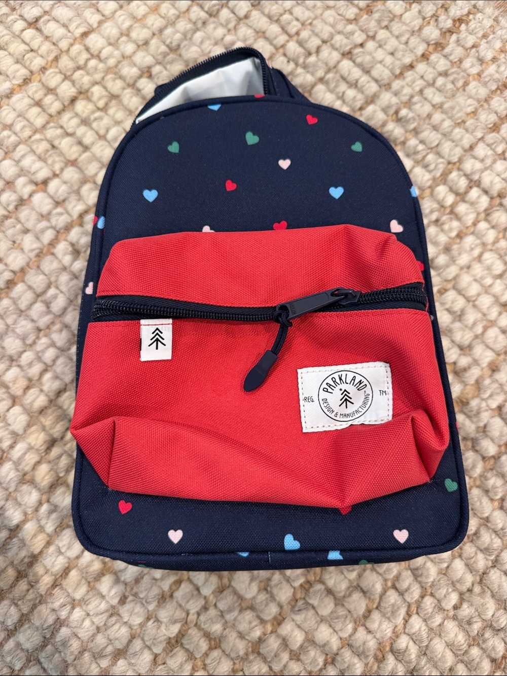 Parkland Mini Backpack in Navy with Red Front Pocket and Multicolor Hearts